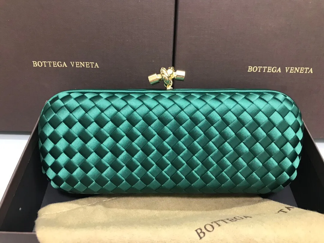 Style No. 8651, upgraded version of full silk evening bag inside and outside~~~INTRECCIATO woven IMPERO STRETCH KNOT clutch bag, hand-woven silk, smooth satin piping, Intrecciato engraved metal buckle, silk satin lining. Large size: 25cm*10cm*5cm